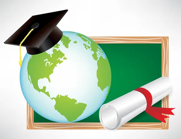 Diploma de educação do globo terrestre e tampa de graduação na placa preta — Vetor de Stock