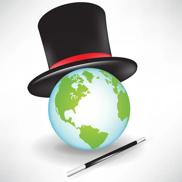 Globe mondial avec chapeau et baguette magique — Image vectorielle