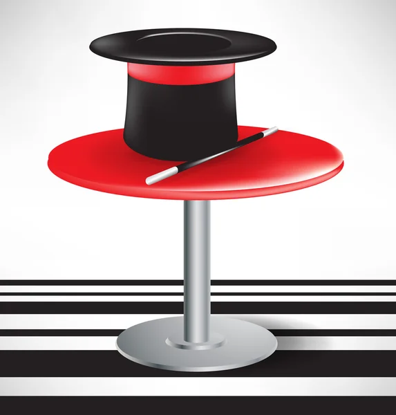 Chapéu mágico e varinha mágica na mesa redonda —  Vetores de Stock