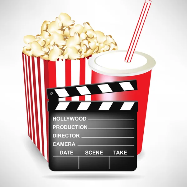 Director movie clapper with popcorn and cola — Stock Vector