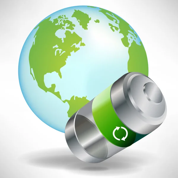 Green battery with earth globe — Stock Vector