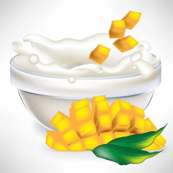 Mango creamy milk splash in transparent bowl — Stock Vector