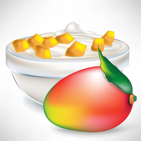 Crema de yogur en tazón transparente con rodajas de mango — Archivo Imágenes Vectoriales