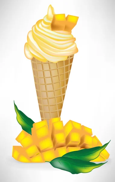 Конус мороженого с манго со свежими фруктами и ломтиками — стоковый вектор