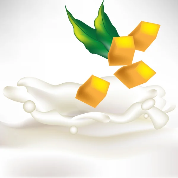 Plasterki mango w splash mleka z świeżych liści — Wektor stockowy