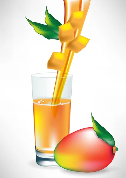 Färsk mango juice med skivor och frukt — Stock vektor