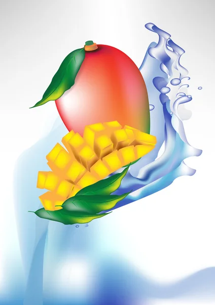 Mango groenten en segmenten in splash water — Stockvector