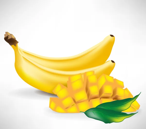 Färsk skivad mango och två bananer — Stock vektor