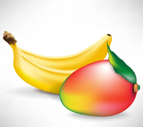 Färska hela mango frukt och två bananer — Stock vektor