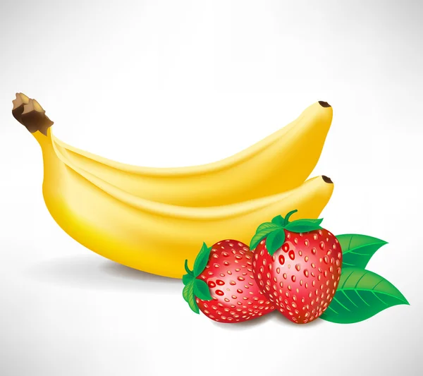 Verse aardbeien met bladeren en twee bananen — Stockvector