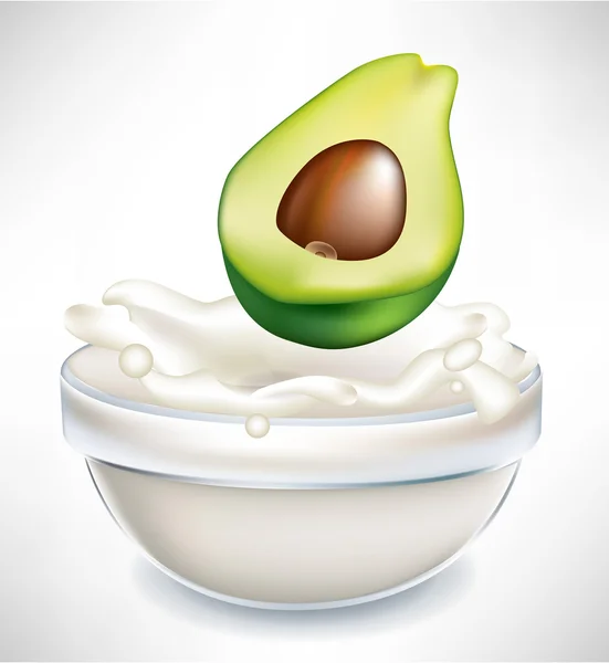 Avocado and creamy milk splash in transparent bowl — Stock Vector