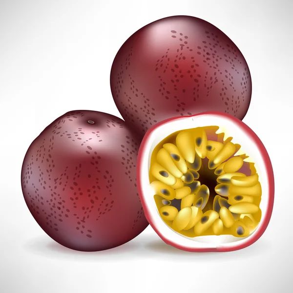 Fresh pile of passion fruit and sliced fruit — Stock Vector