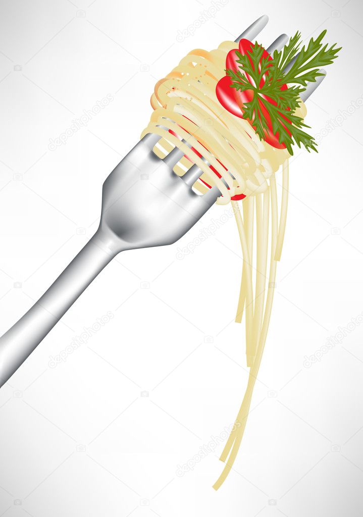 fresh spaghetti on fork with tomato sauce