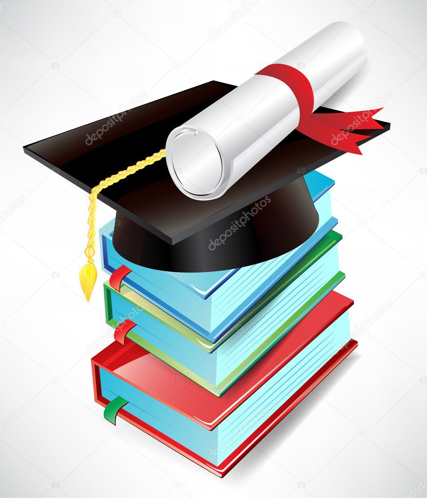 graduation cap, diploma and book pile