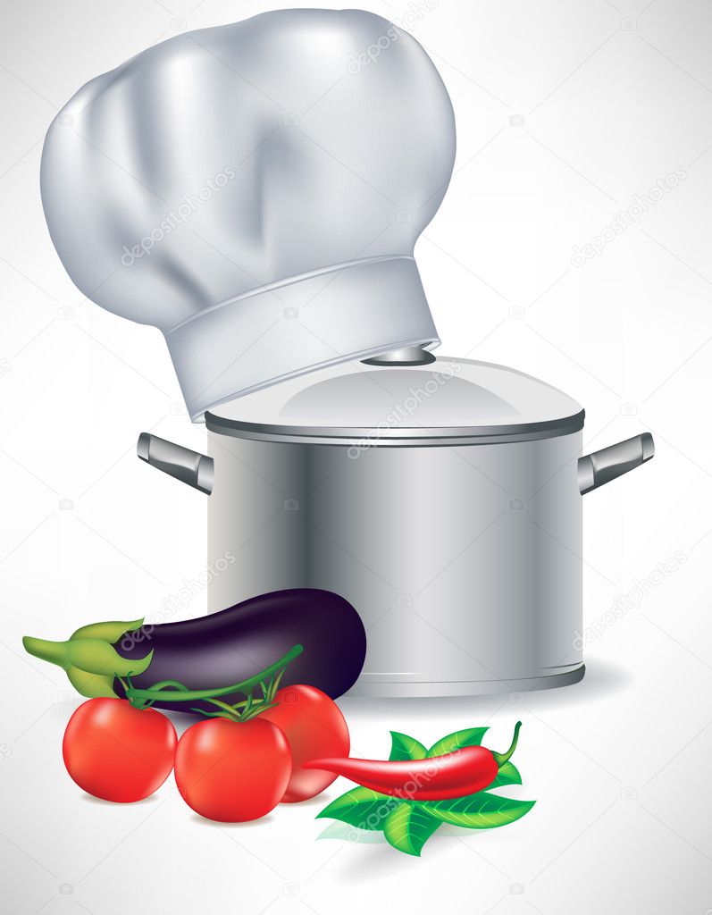 vegetables and pot with cooking chef hat