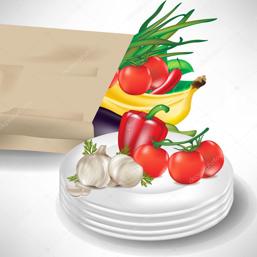 grocery bag with fruits, vegetables and porcelain plates