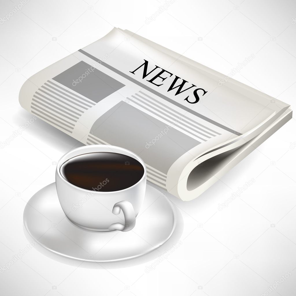 newspaper and coffee cup isolated on white