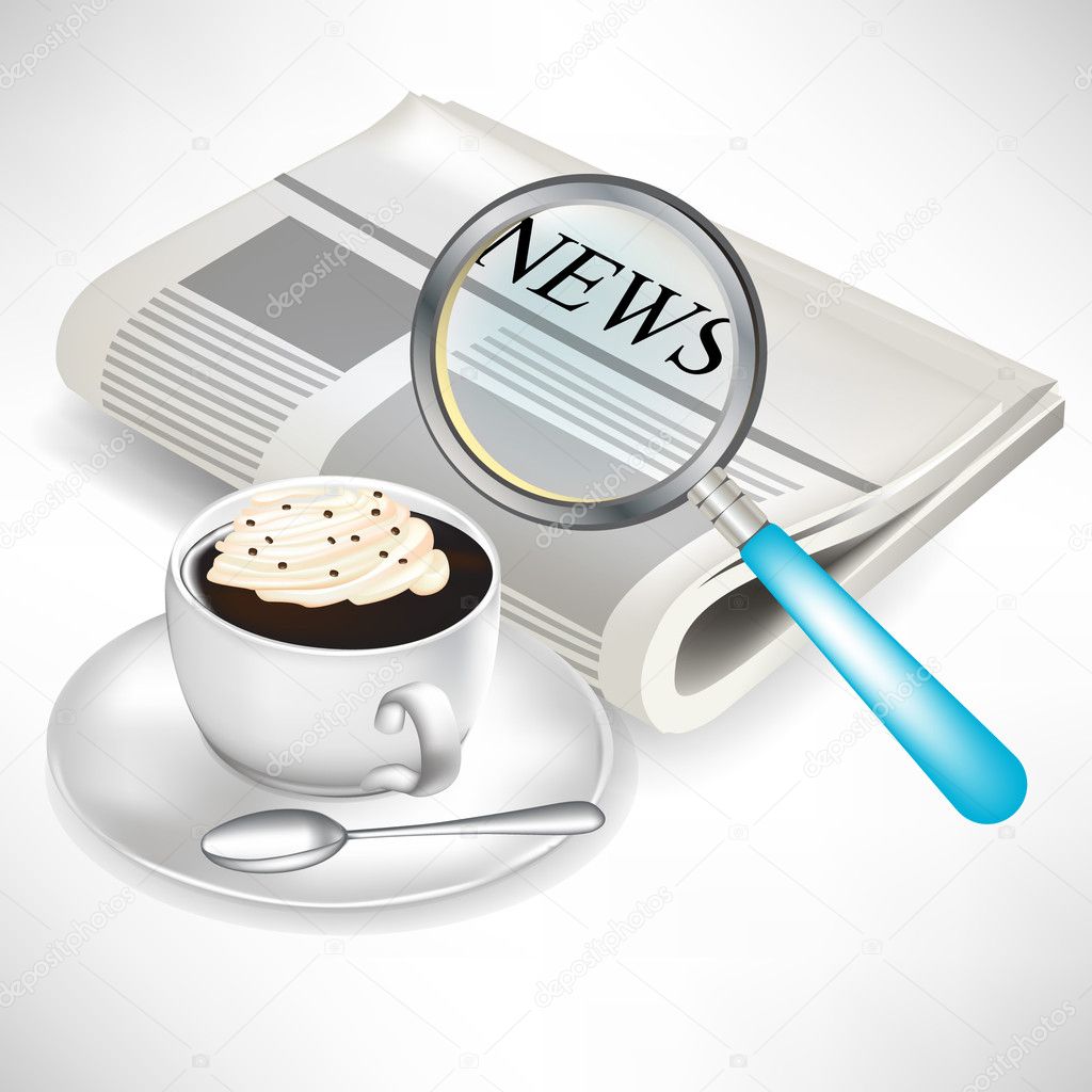 newspaper with magnifying glass and coffee with cream