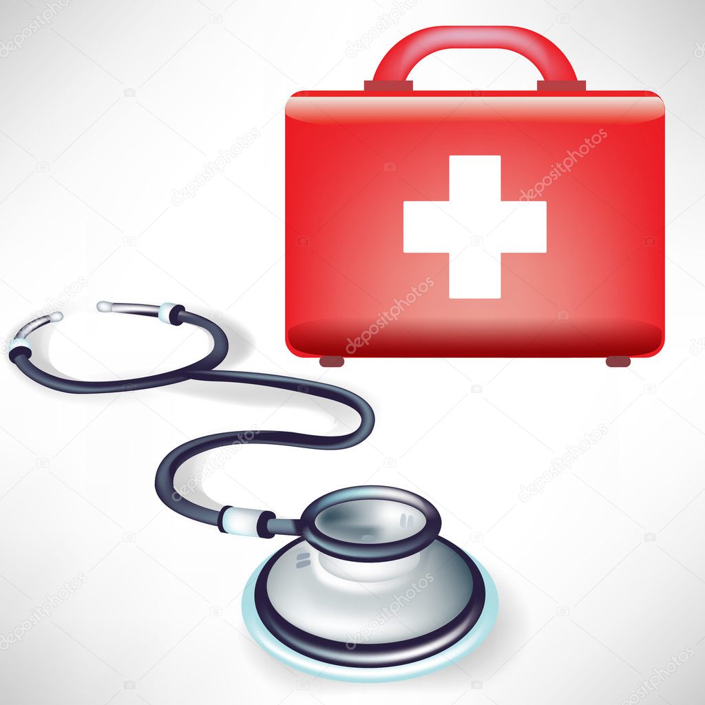 stethoscope with first aid kit isolated