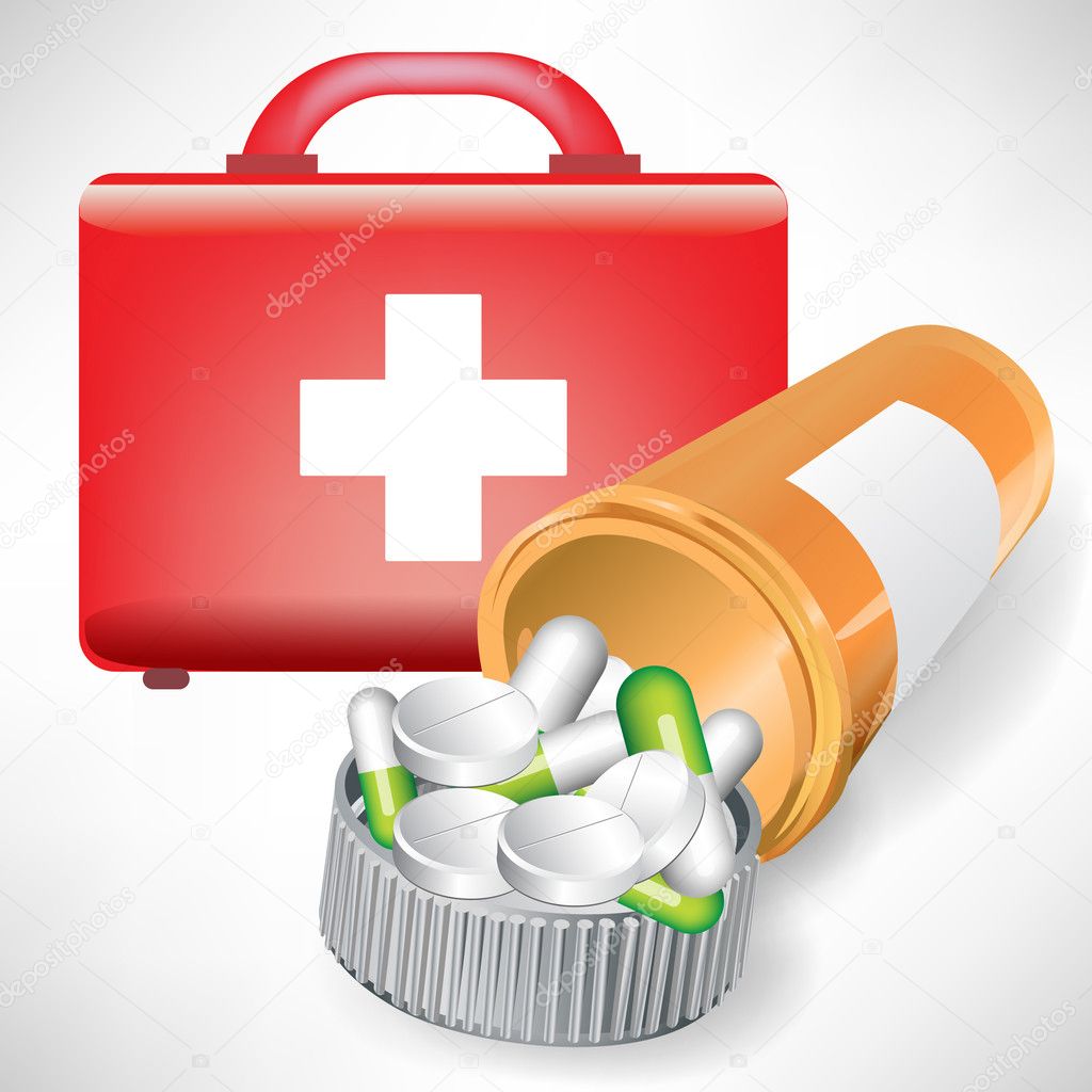 first aid kit and pill bottle isolated on white