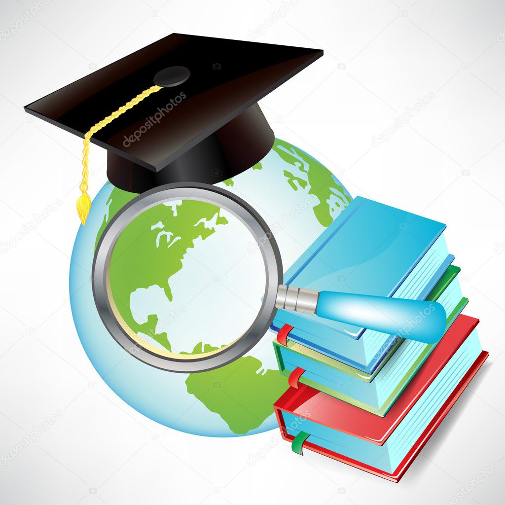 earth globe with graduation cap, books and magnifying glass