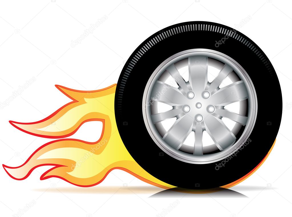 Single car wheel with flames trace