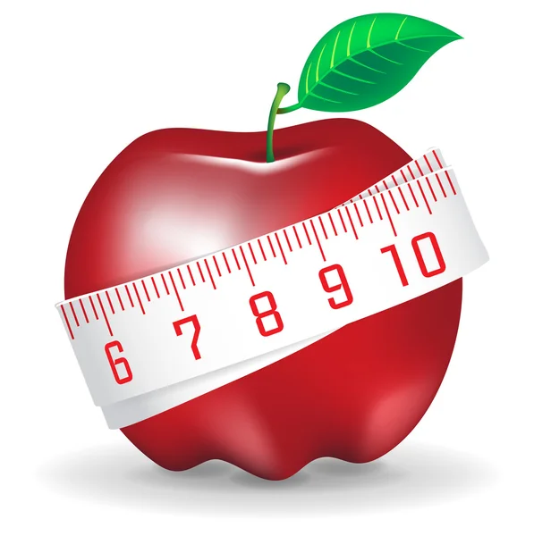 Fita métrica em torno de maçã vermelha fresca — Vetor de Stock