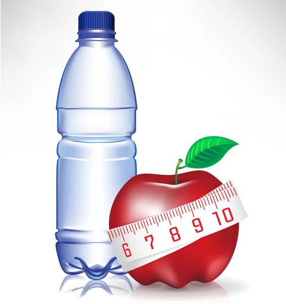 Концепція фітнесу; пляшка води та яблуко з мірною стрічкою — стоковий вектор