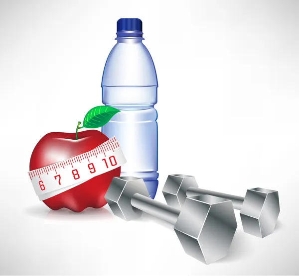 Dumbbell with water bottle and apple with measure tape — Stock Vector