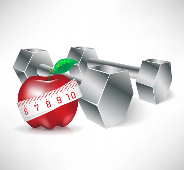 Manubri con mela e metro a nastro; concetto di fitness — Vettoriale Stock