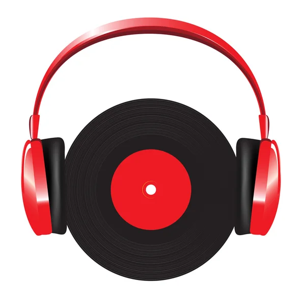 Röd hörlurar med vinyl skiva — Stock vektor
