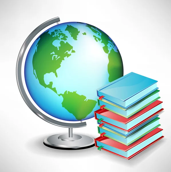 Bumi sekolah terestrial globe dan tumpukan buku - Stok Vektor
