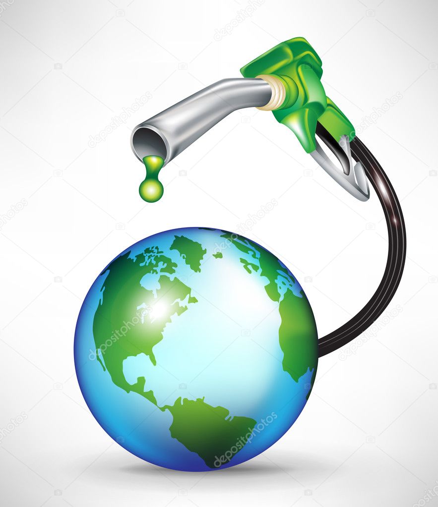 Gas pump droppping green oil onto earth globe