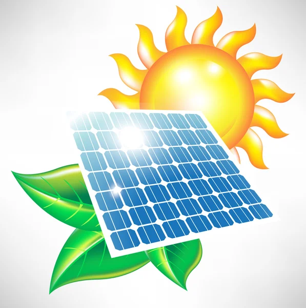 Солнечная энергетическая панель с солнцем и листьями — стоковый вектор