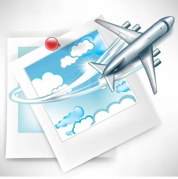 Bulutlar fotoğraflarla; uçakla ulaşım — Stok Vektör