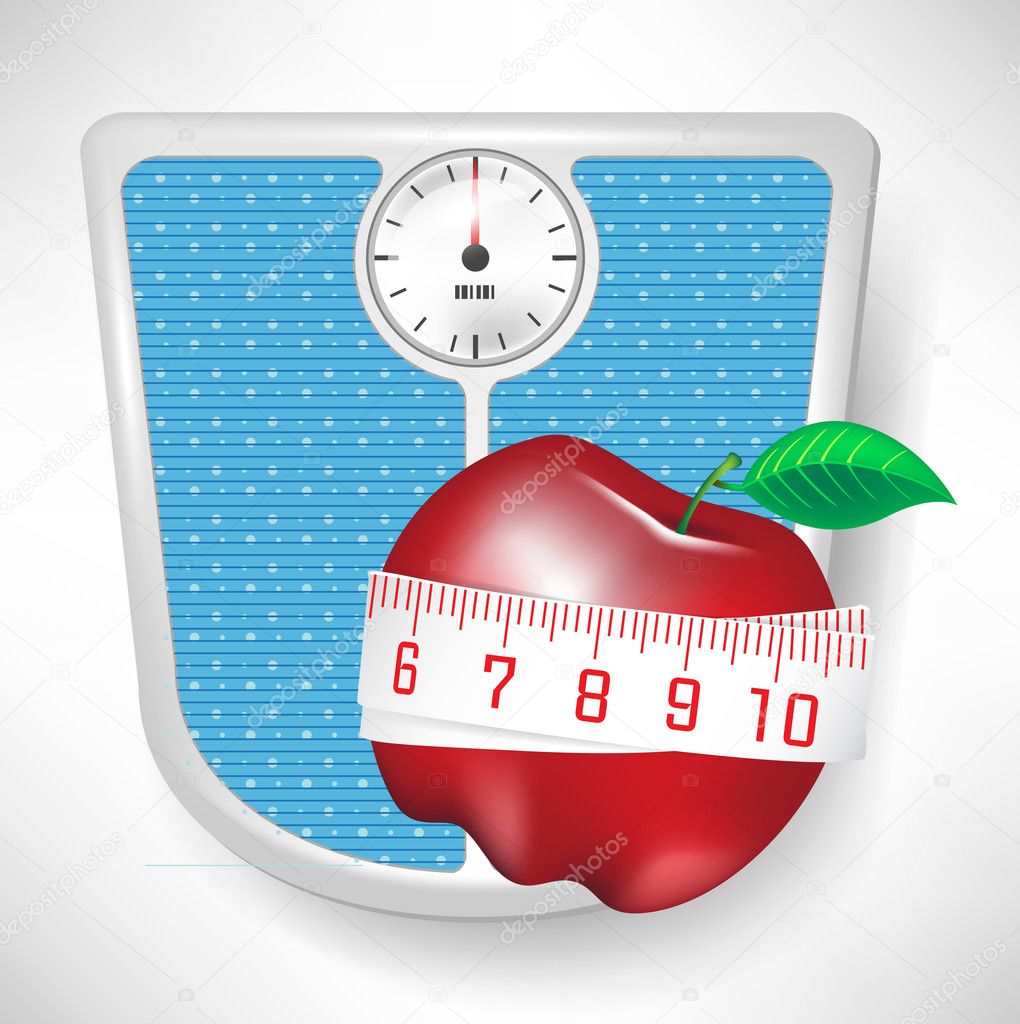 Weight scale and red apple with tape