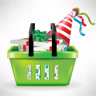 Gift box and hat in shopping basket clipart