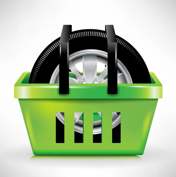 Car tire in shopping cart/basket — Stock Vector