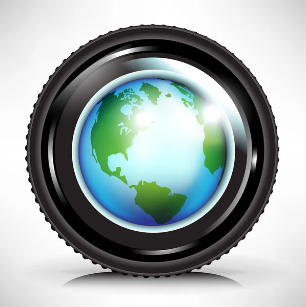 Objectif caméra avec globe terrestre — Image vectorielle