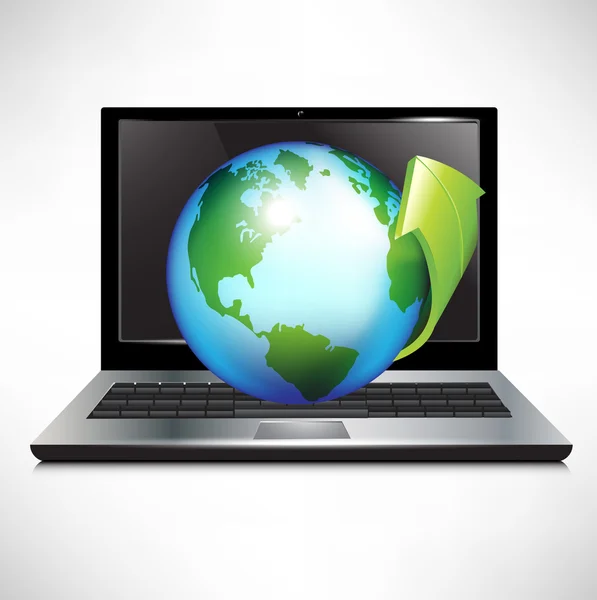 Laptop com globo terrestre e seta verde — Vetor de Stock