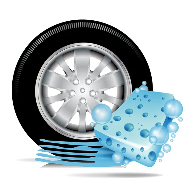Neumático de coche con esponja azul y traza de agua — Vector de stock