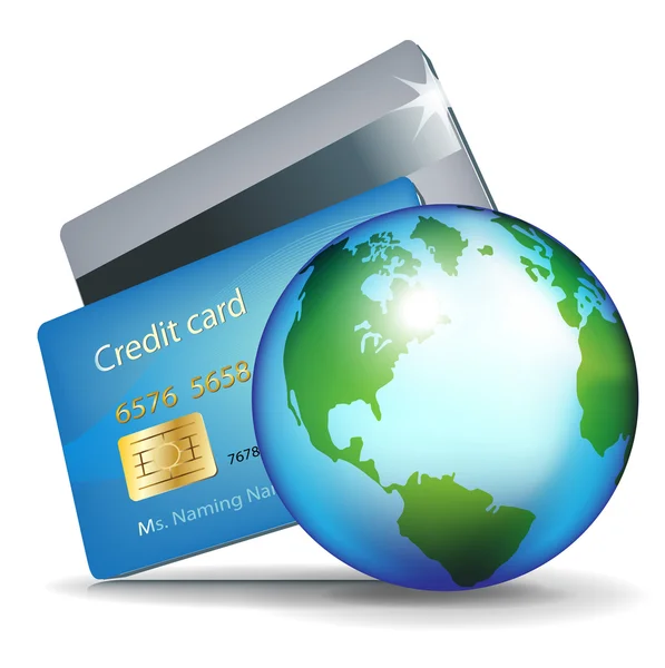 Dos tarjetas de crédito y globo terrestre — Vector de stock