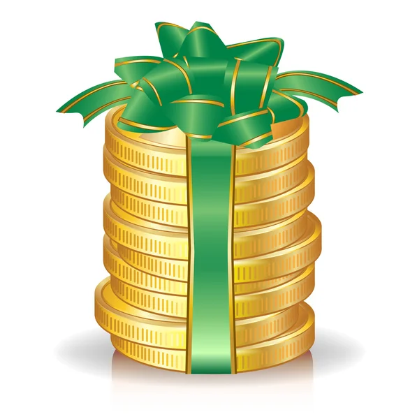 Pilha de moedas com arco verde — Vetor de Stock