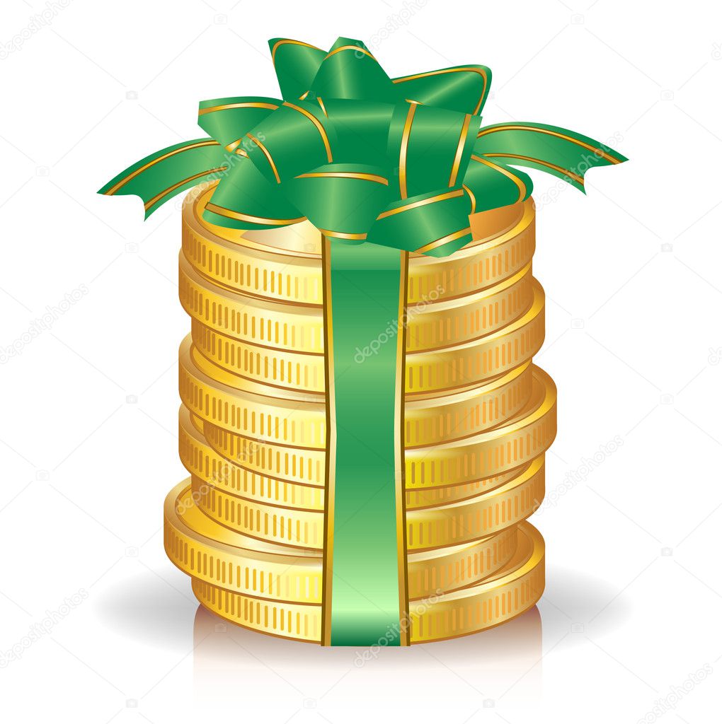Stack of coins with green bow