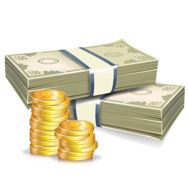 Two stacks of money and gold coins clipart