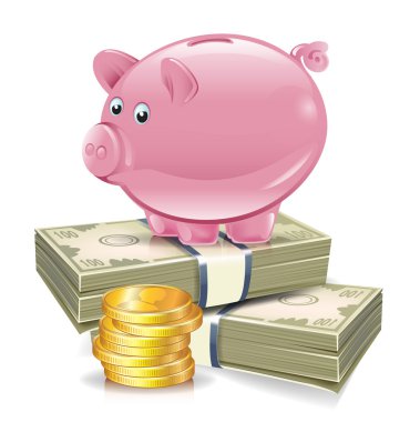 Piggy bank on top of stacks of money and coins clipart