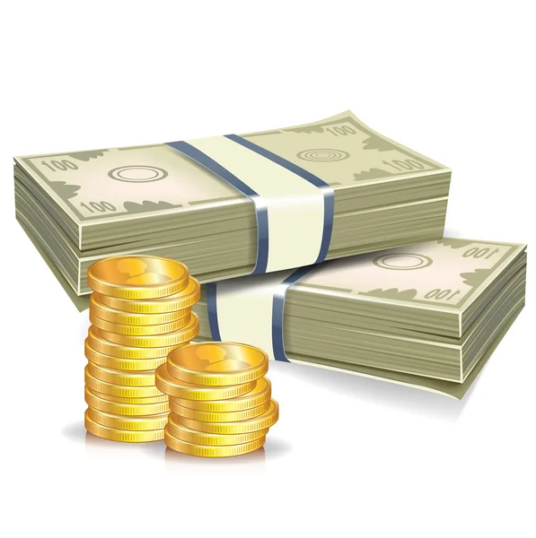 Dvě hromádky peněz a zlatých mincí — Stockový vektor
