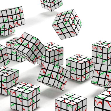 Falling abstract cubes with graphs on faces clipart