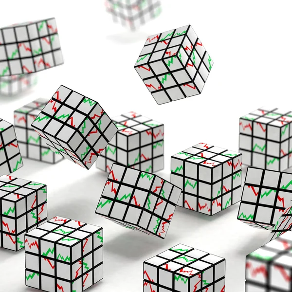 Fallande abstrakt kuber med grafer på ansikten — Stockfoto