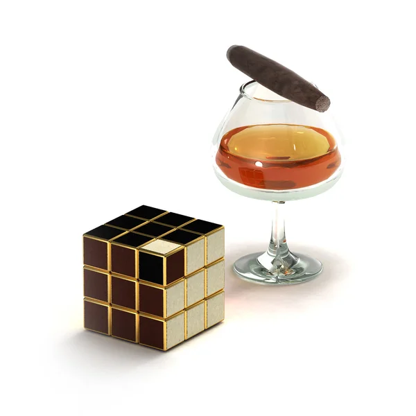 Δέρμα παιχνίδι κύβος με ένα ισχυρό ποτό και πούρο — Φωτογραφία Αρχείου